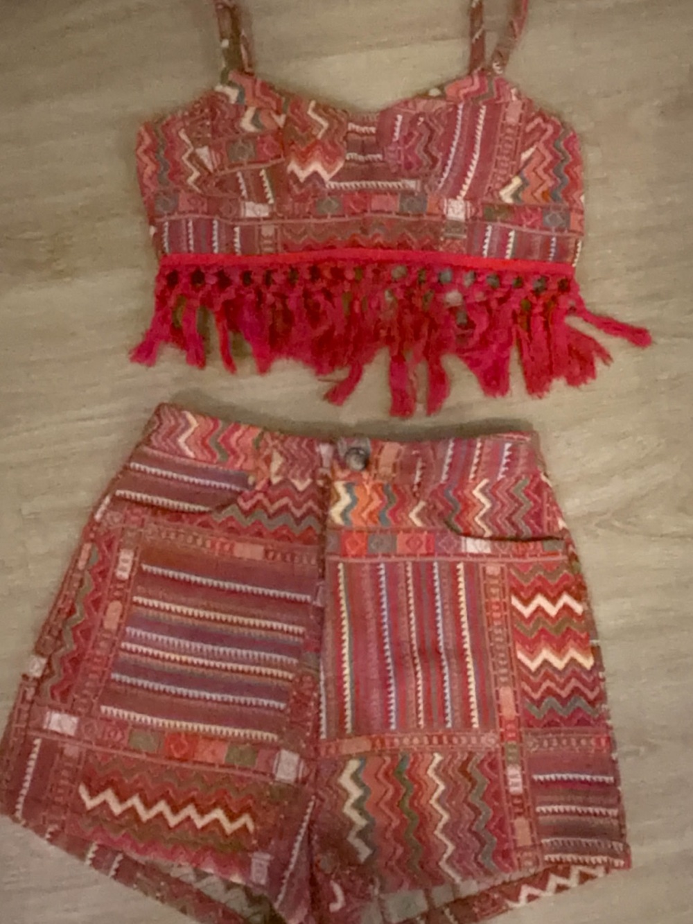 Cider Pink & Coral Aztec Fringe Mini Skirt Set